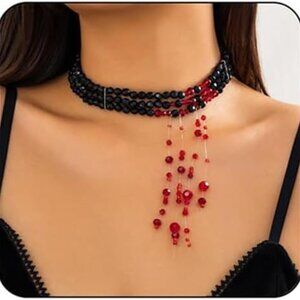 Gothic Blood Drop Necklace Beaded Choker Victorian Vampire Halloween Jewelry